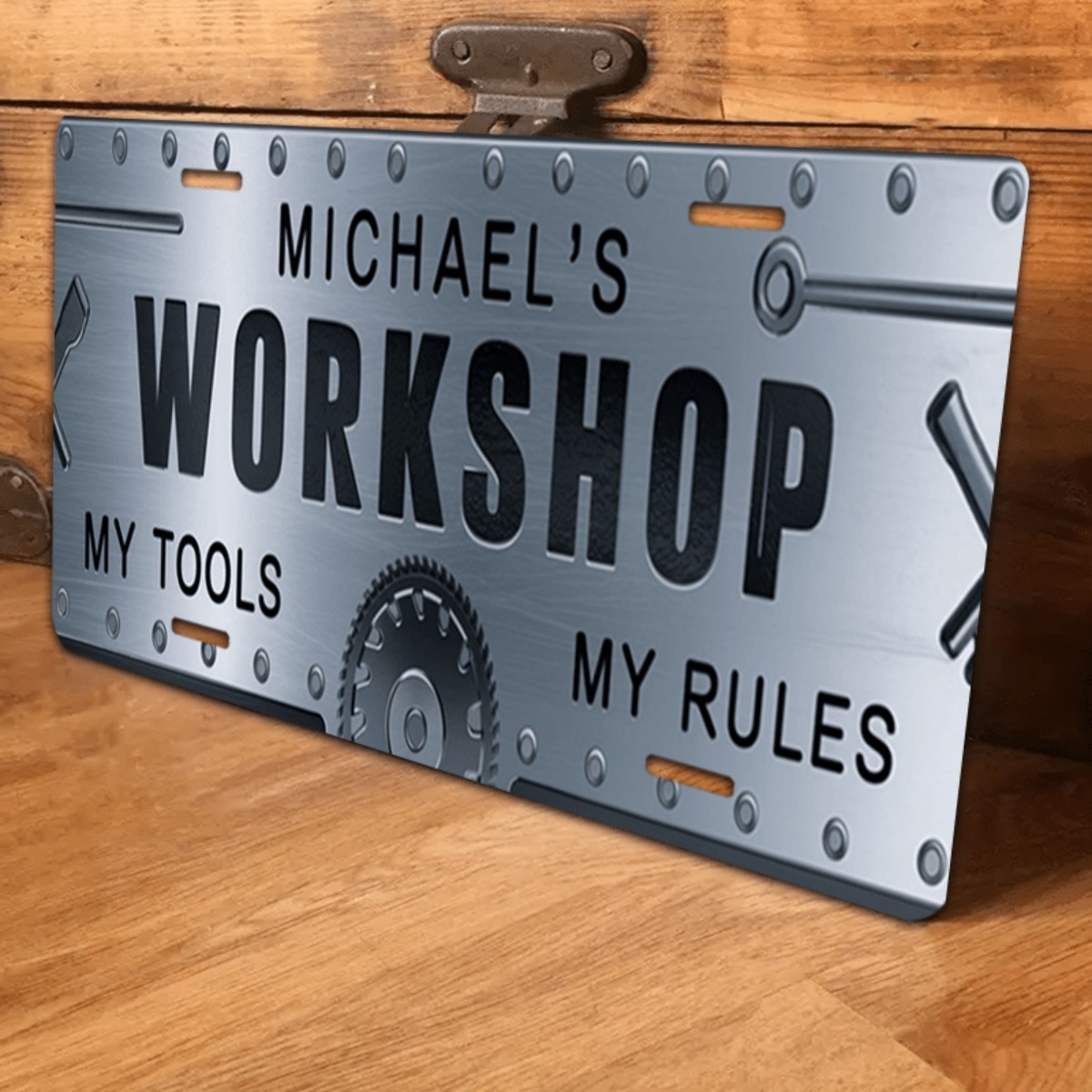 Tools Name In Workshop - Personalisiertes Namens-Werkstatt-Aluminiumschild 6x12 Zoll – Rustikales,