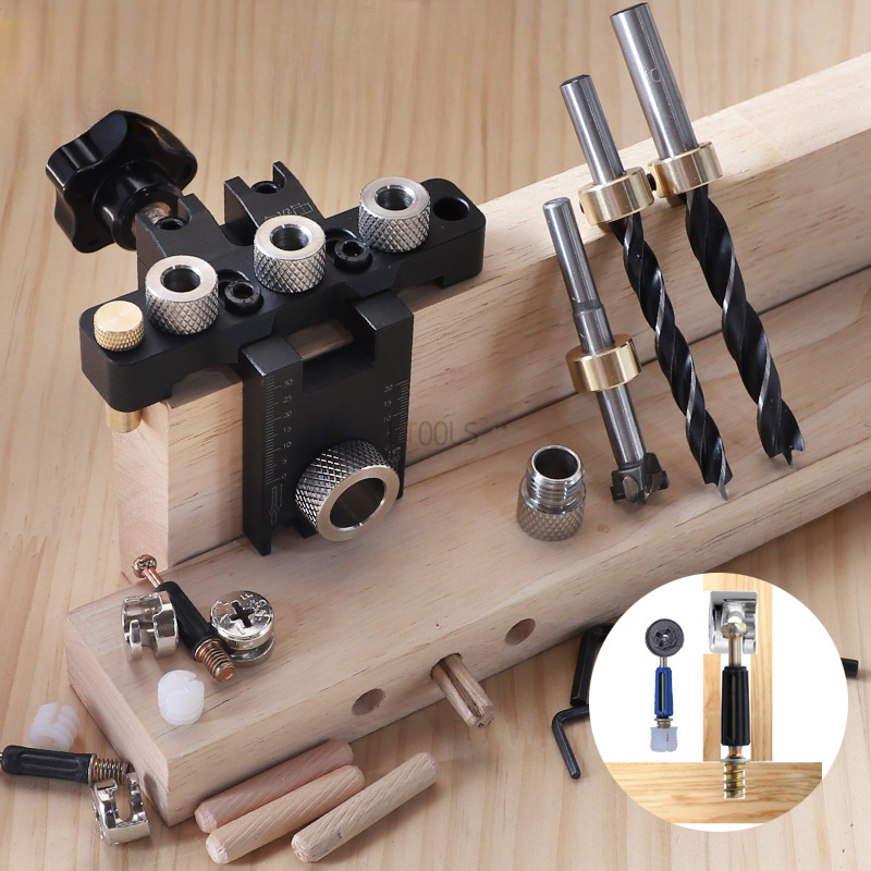 Mini Workshop Tools - 3-in-1 Verstellbarer Dübel-Bohrschablonen-Set 8/10/15MM für Holzbearbeitung,